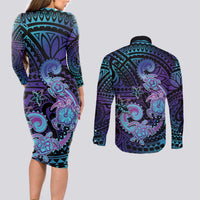 Hawaii Makahiki Turtle Couples Matching Long Sleeve Bodycon Dress and Long Sleeve Button Shirt Spiral Polynesian Tattoo
