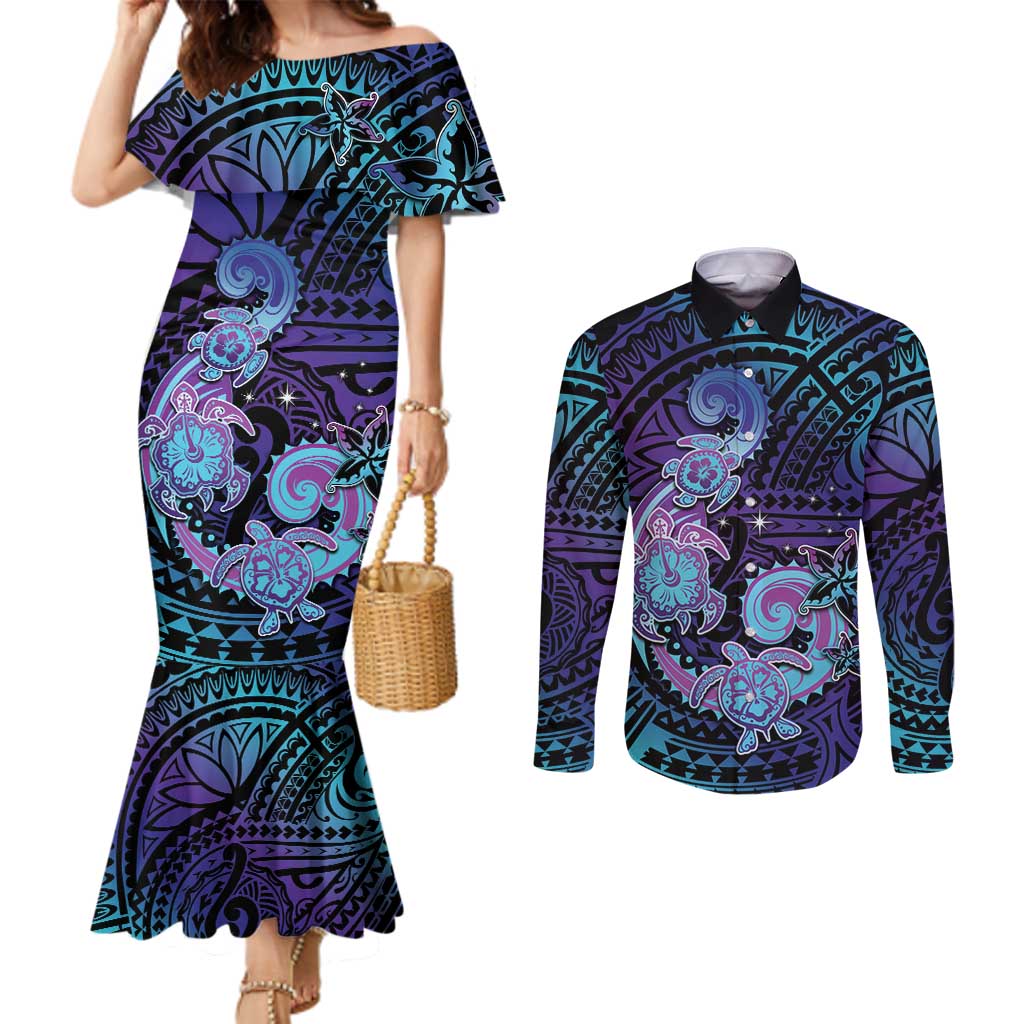 Hawaii Makahiki Turtle Couples Matching Mermaid Dress and Long Sleeve Button Shirt Spiral Polynesian Tattoo LT05 Purple - Polynesian Pride