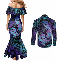 Hawaii Makahiki Turtle Couples Matching Mermaid Dress and Long Sleeve Button Shirt Spiral Polynesian Tattoo