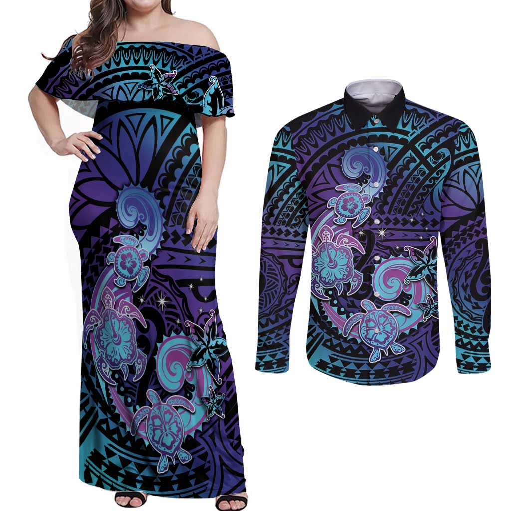 Hawaii Makahiki Turtle Couples Matching Off Shoulder Maxi Dress and Long Sleeve Button Shirt Spiral Polynesian Tattoo LT05 Purple - Polynesian Pride