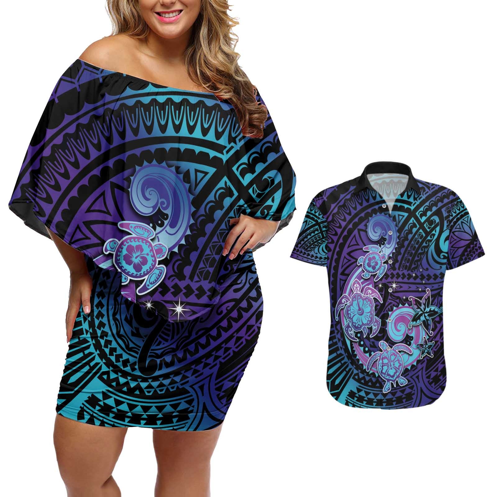 Hawaii Makahiki Turtle Couples Matching Off Shoulder Short Dress and Hawaiian Shirt Spiral Polynesian Tattoo LT05 Purple - Polynesian Pride