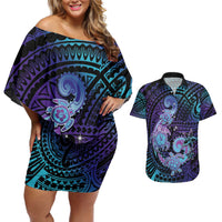 Hawaii Makahiki Turtle Couples Matching Off Shoulder Short Dress and Hawaiian Shirt Spiral Polynesian Tattoo