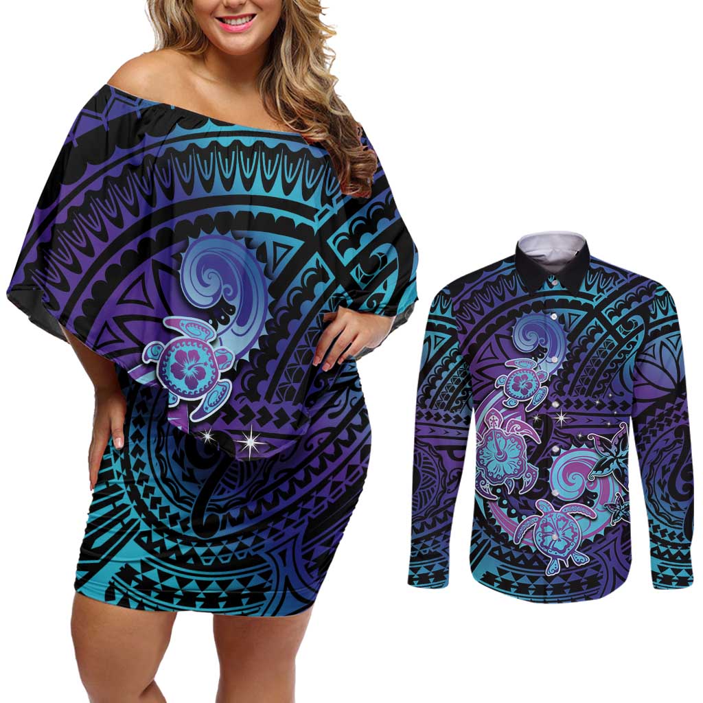 Hawaii Makahiki Turtle Couples Matching Off Shoulder Short Dress and Long Sleeve Button Shirt Spiral Polynesian Tattoo LT05 Purple - Polynesian Pride