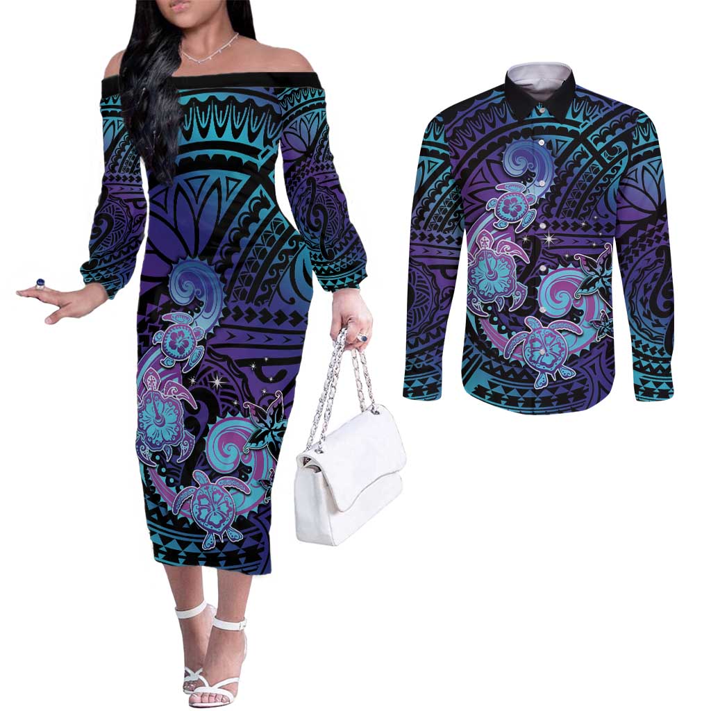 Hawaii Makahiki Turtle Couples Matching Off The Shoulder Long Sleeve Dress and Long Sleeve Button Shirt Spiral Polynesian Tattoo LT05 Purple - Polynesian Pride