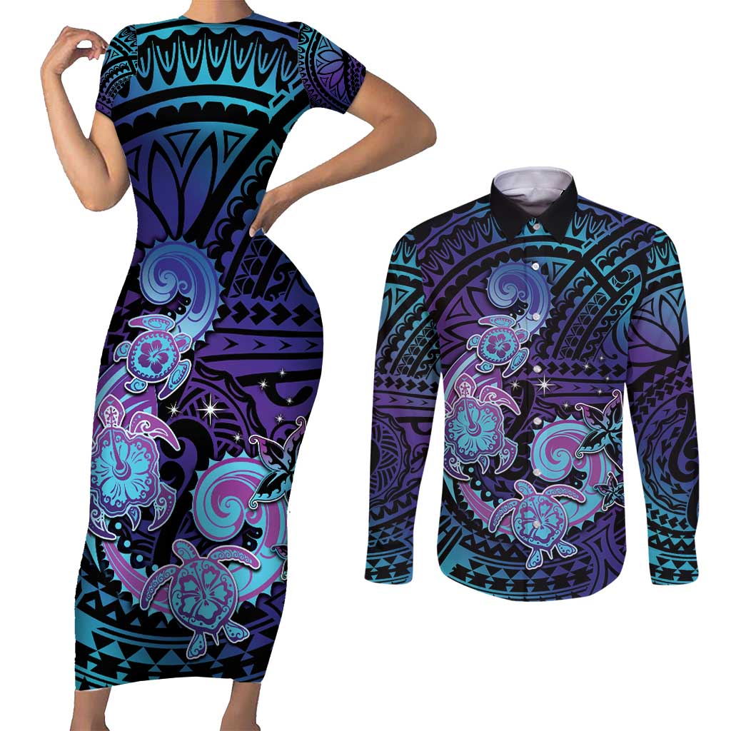 Hawaii Makahiki Turtle Couples Matching Short Sleeve Bodycon Dress and Long Sleeve Button Shirt Spiral Polynesian Tattoo LT05 Purple - Polynesian Pride