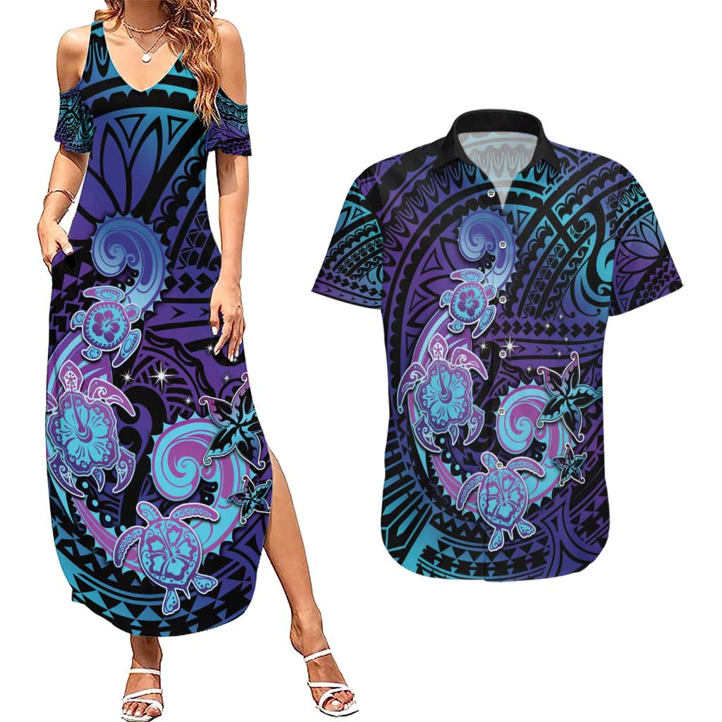 Hawaii Makahiki Turtle Couples Matching Summer Maxi Dress and Hawaiian Shirt Spiral Polynesian Tattoo LT05 Purple - Polynesian Pride