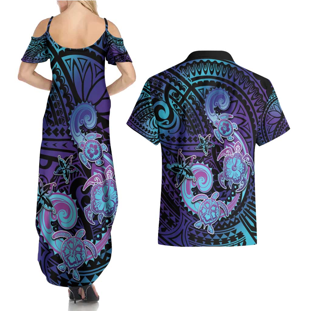 Hawaii Makahiki Turtle Couples Matching Summer Maxi Dress and Hawaiian Shirt Spiral Polynesian Tattoo