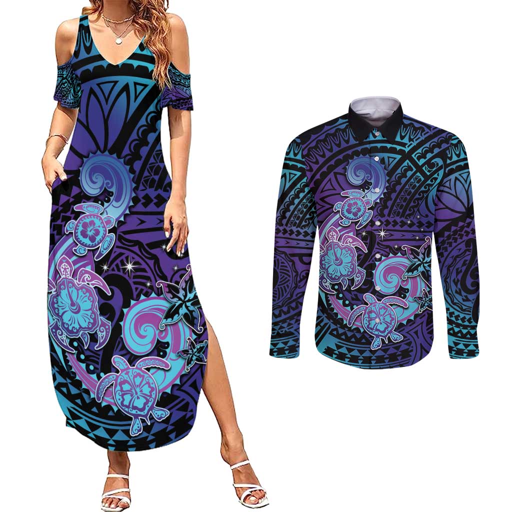 Hawaii Makahiki Turtle Couples Matching Summer Maxi Dress and Long Sleeve Button Shirt Spiral Polynesian Tattoo LT05 Purple - Polynesian Pride