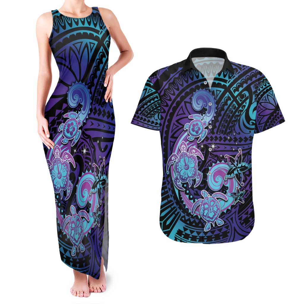 Hawaii Makahiki Turtle Couples Matching Tank Maxi Dress and Hawaiian Shirt Spiral Polynesian Tattoo LT05 Purple - Polynesian Pride