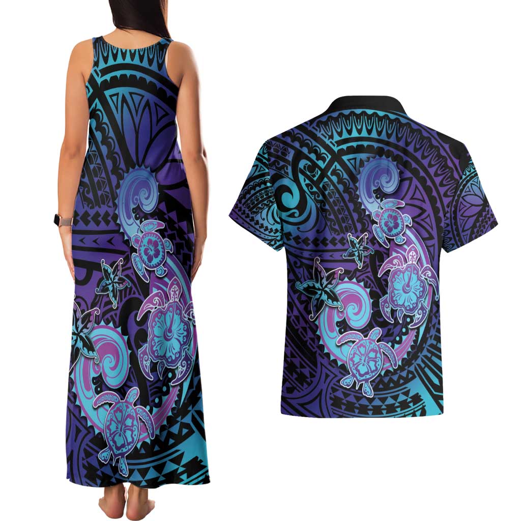 Hawaii Makahiki Turtle Couples Matching Tank Maxi Dress and Hawaiian Shirt Spiral Polynesian Tattoo