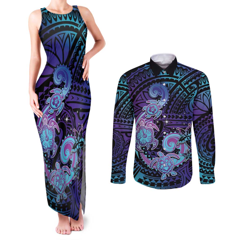 Hawaii Makahiki Turtle Couples Matching Tank Maxi Dress and Long Sleeve Button Shirt Spiral Polynesian Tattoo LT05 Purple - Polynesian Pride
