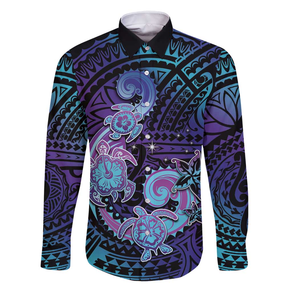 Hawaii Makahiki Turtle Family Matching Mermaid Dress and Hawaiian Shirt Spiral Polynesian Tattoo LT05 Dad's Shirt - Long Sleeve Purple - Polynesian Pride