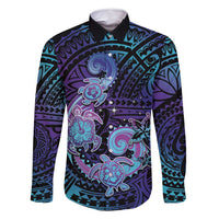Hawaii Makahiki Turtle Family Matching Mermaid Dress and Hawaiian Shirt Spiral Polynesian Tattoo LT05 Dad's Shirt - Long Sleeve Purple - Polynesian Pride