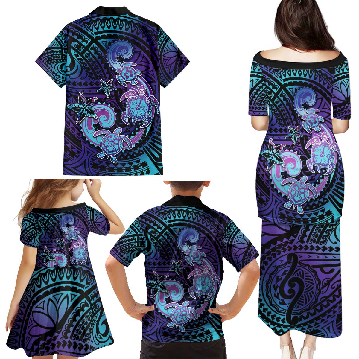 Hawaii Makahiki Turtle Family Matching Puletasi and Hawaiian Shirt Spiral Polynesian Tattoo