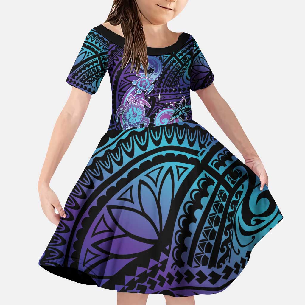 Hawaii Makahiki Turtle Family Matching Short Sleeve Bodycon Dress and Hawaiian Shirt Spiral Polynesian Tattoo LT05 Daughter's Dress Purple - Polynesian Pride