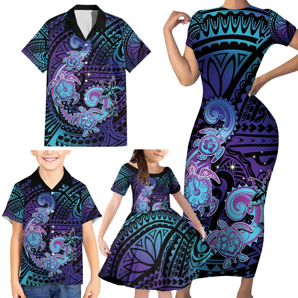 Hawaii Makahiki Turtle Family Matching Short Sleeve Bodycon Dress and Hawaiian Shirt Spiral Polynesian Tattoo LT05 - Polynesian Pride