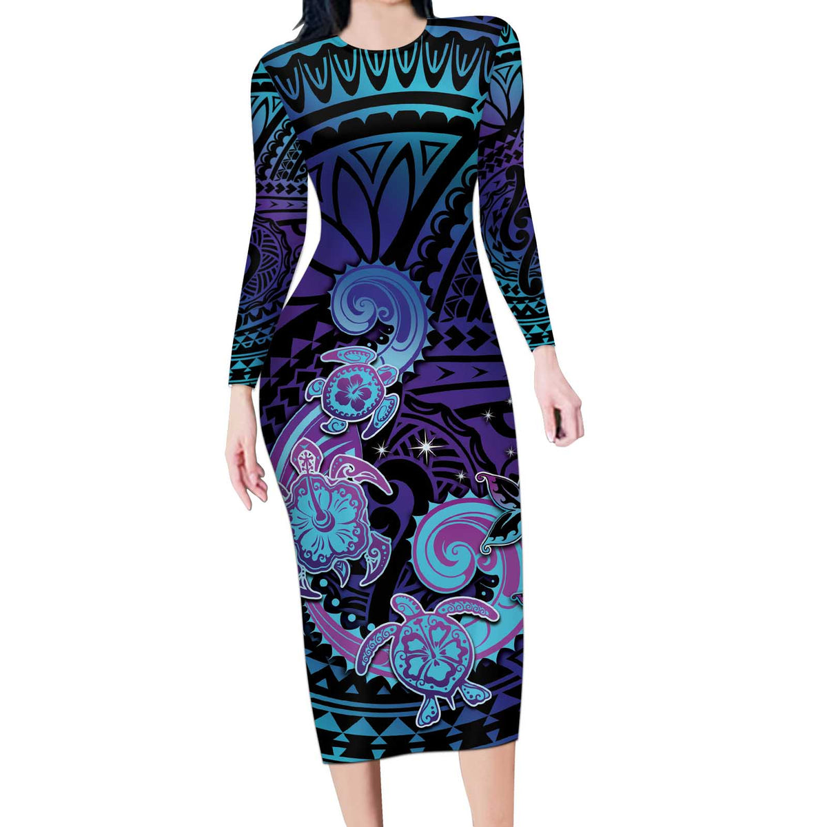 Hawaii Makahiki Turtle Long Sleeve Bodycon Dress Spiral Polynesian Tattoo LT05 Long Dress Purple - Polynesian Pride