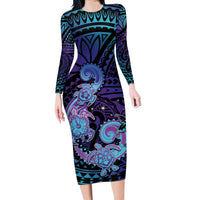 Hawaii Makahiki Turtle Long Sleeve Bodycon Dress Spiral Polynesian Tattoo LT05 Long Dress Purple - Polynesian Pride