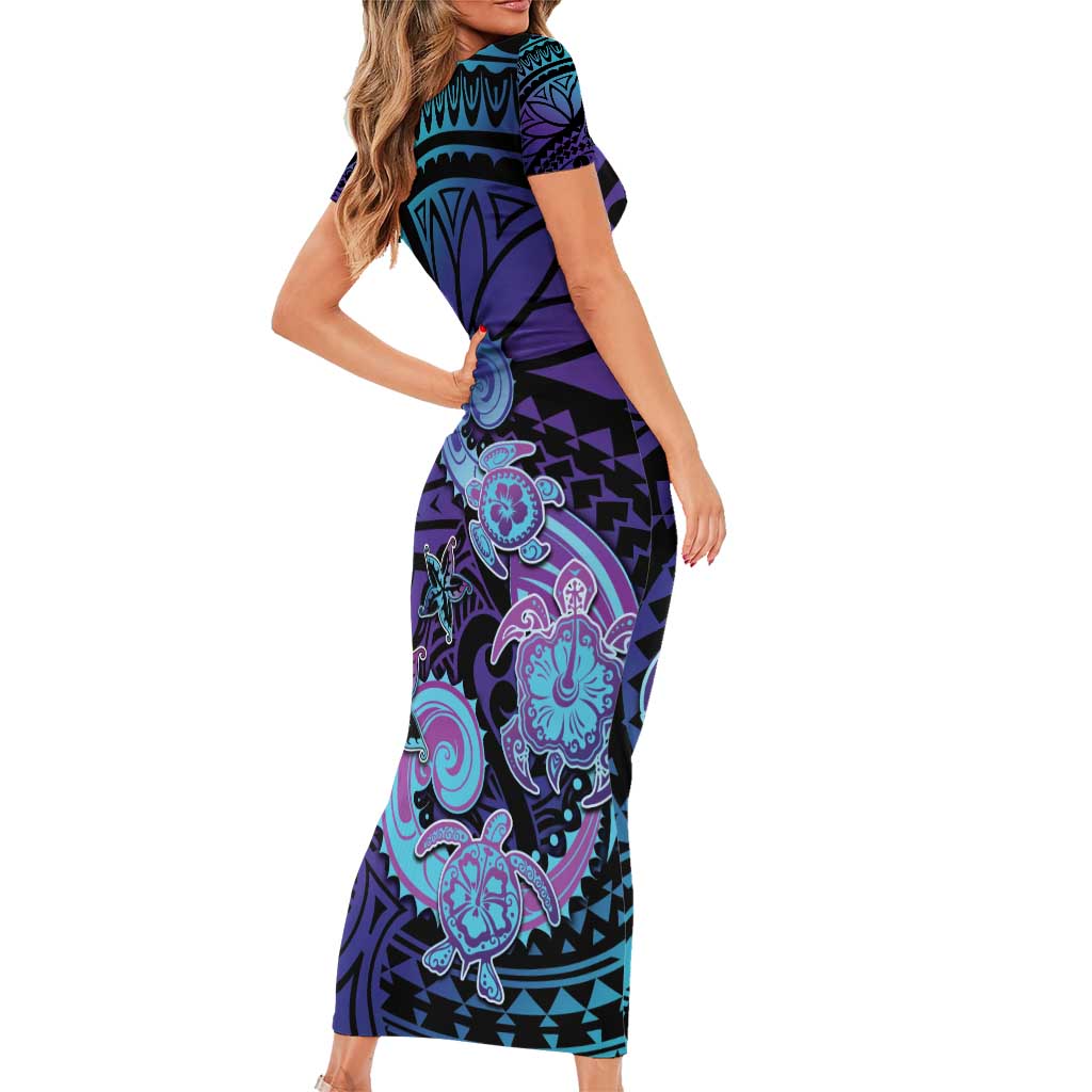 Hawaii Makahiki Turtle Short Sleeve Bodycon Dress Spiral Polynesian Tattoo LT05 - Polynesian Pride