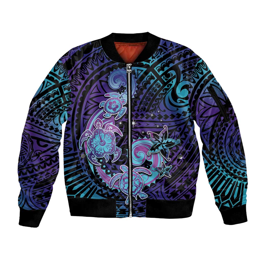 Hawaii Makahiki Turtle Sleeve Zip Bomber Jacket Spiral Polynesian Tattoo LT05 Unisex Purple - Polynesian Pride