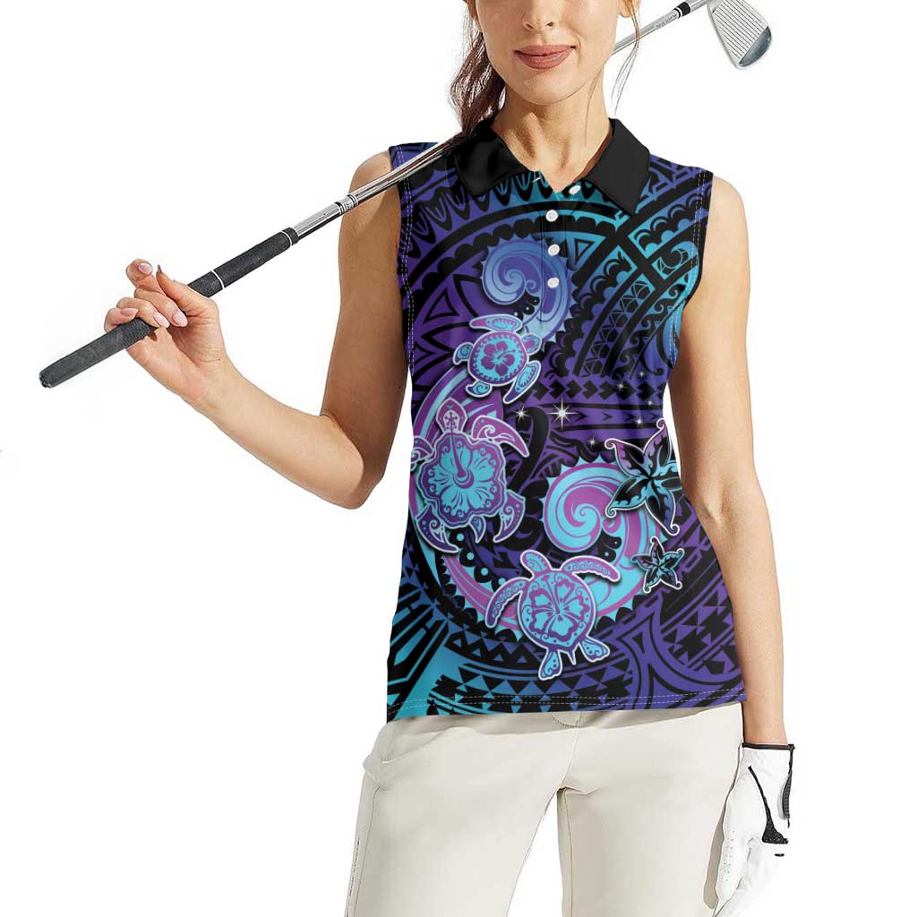 Hawaii Makahiki Turtle Women Sleeveless Polo Shirt Spiral Polynesian Tattoo