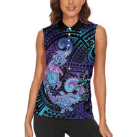 Hawaii Makahiki Turtle Women Sleeveless Polo Shirt Spiral Polynesian Tattoo