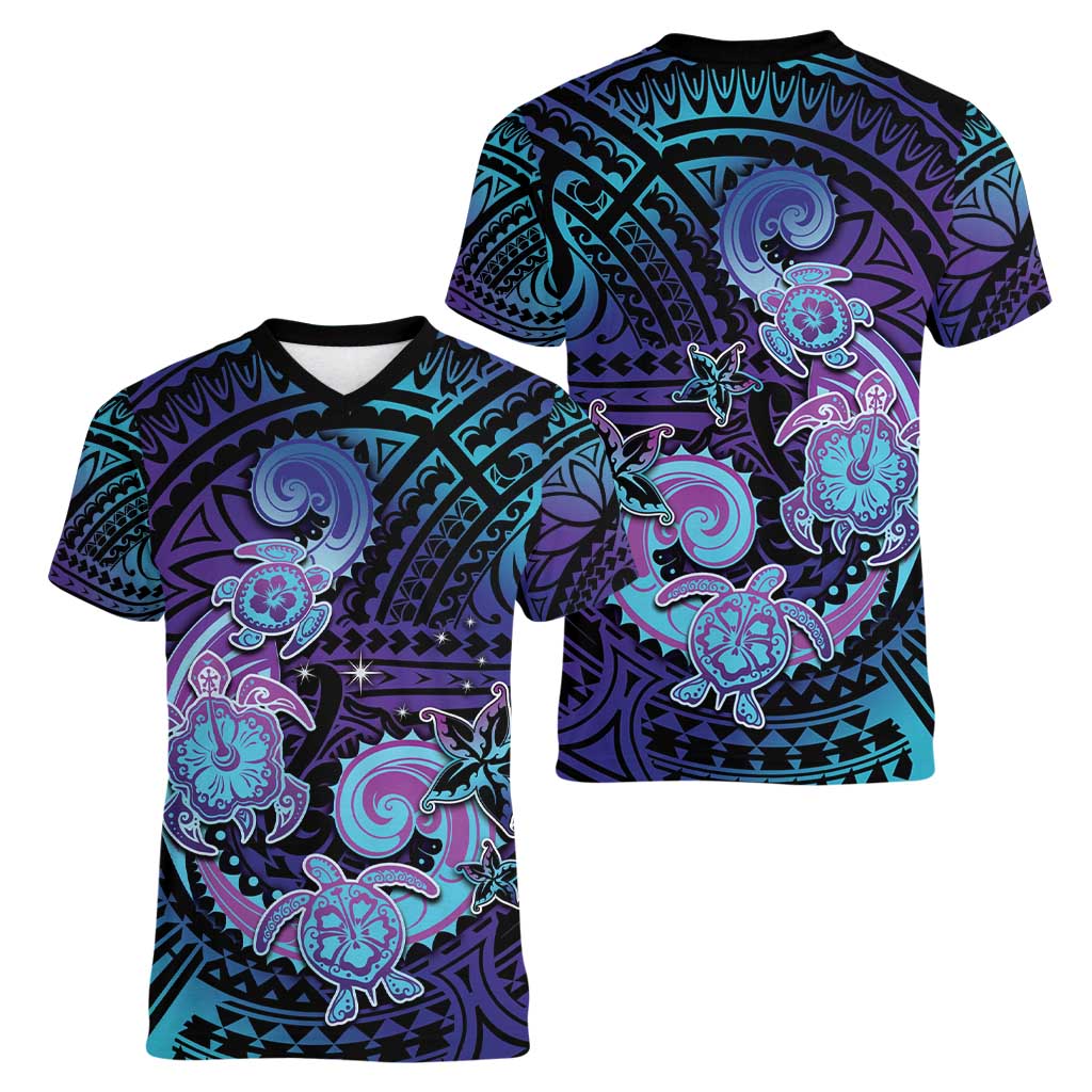 Hawaii Makahiki Turtle Women V-Neck T-Shirt Spiral Polynesian Tattoo