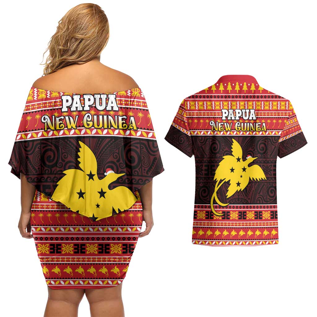 Papua New Guinea Christmas Couples Matching Off Shoulder Short Dress and Hawaiian Shirt Santa Raggiana
