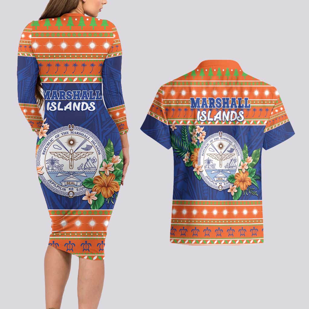 Marshall Islands Christmas Couples Matching Long Sleeve Bodycon Dress and Hawaiian Shirt Marshallese Seal Meddi Kirijmoj
