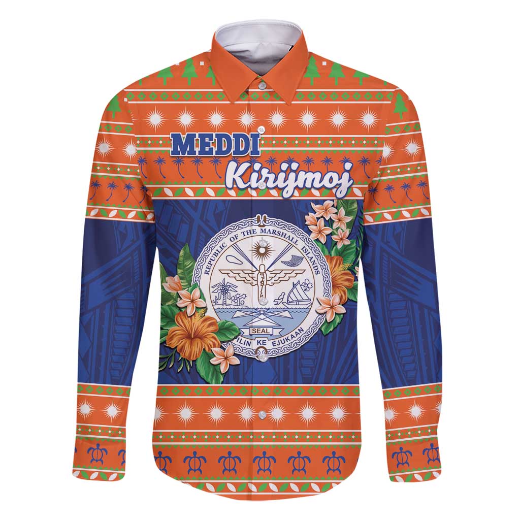 Marshall Islands Christmas Family Matching Mermaid Dress and Hawaiian Shirt Marshallese Seal Meddi Kirijmoj LT05 Dad's Shirt - Long Sleeve Orange - Polynesian Pride