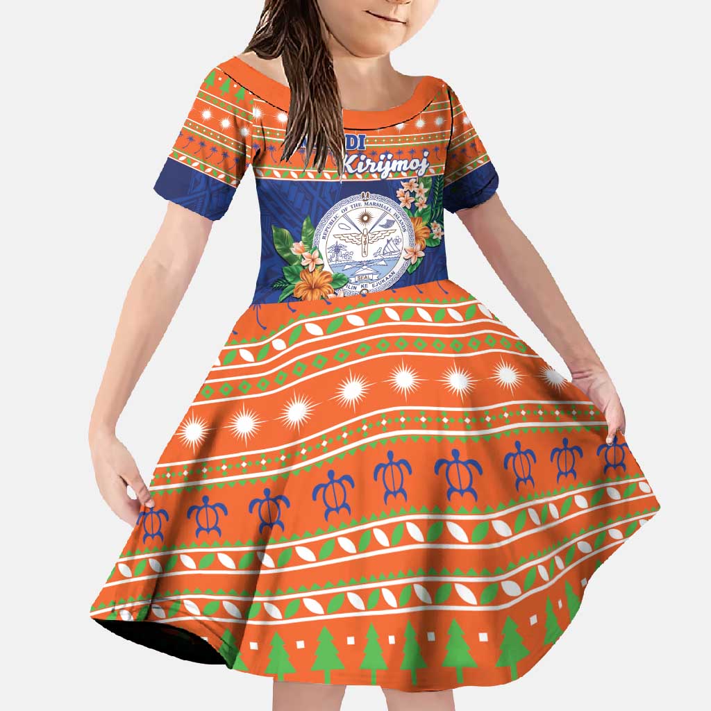 Marshall Islands Christmas Family Matching Short Sleeve Bodycon Dress and Hawaiian Shirt Marshallese Seal Meddi Kirijmoj LT05 Daughter's Dress Orange - Polynesian Pride