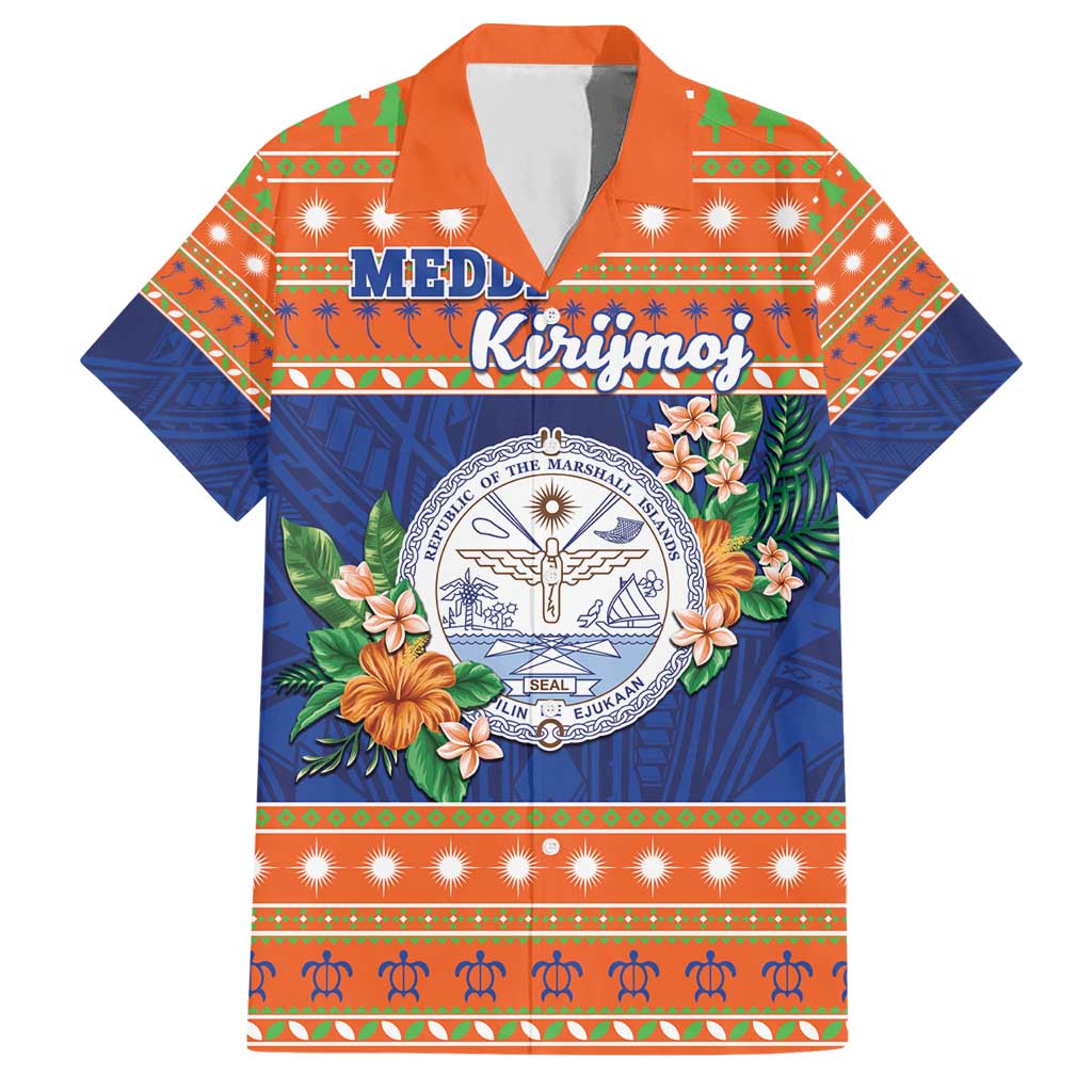 Marshall Islands Christmas Family Matching Short Sleeve Bodycon Dress and Hawaiian Shirt Marshallese Seal Meddi Kirijmoj LT05 Dad's Shirt - Short Sleeve Orange - Polynesian Pride