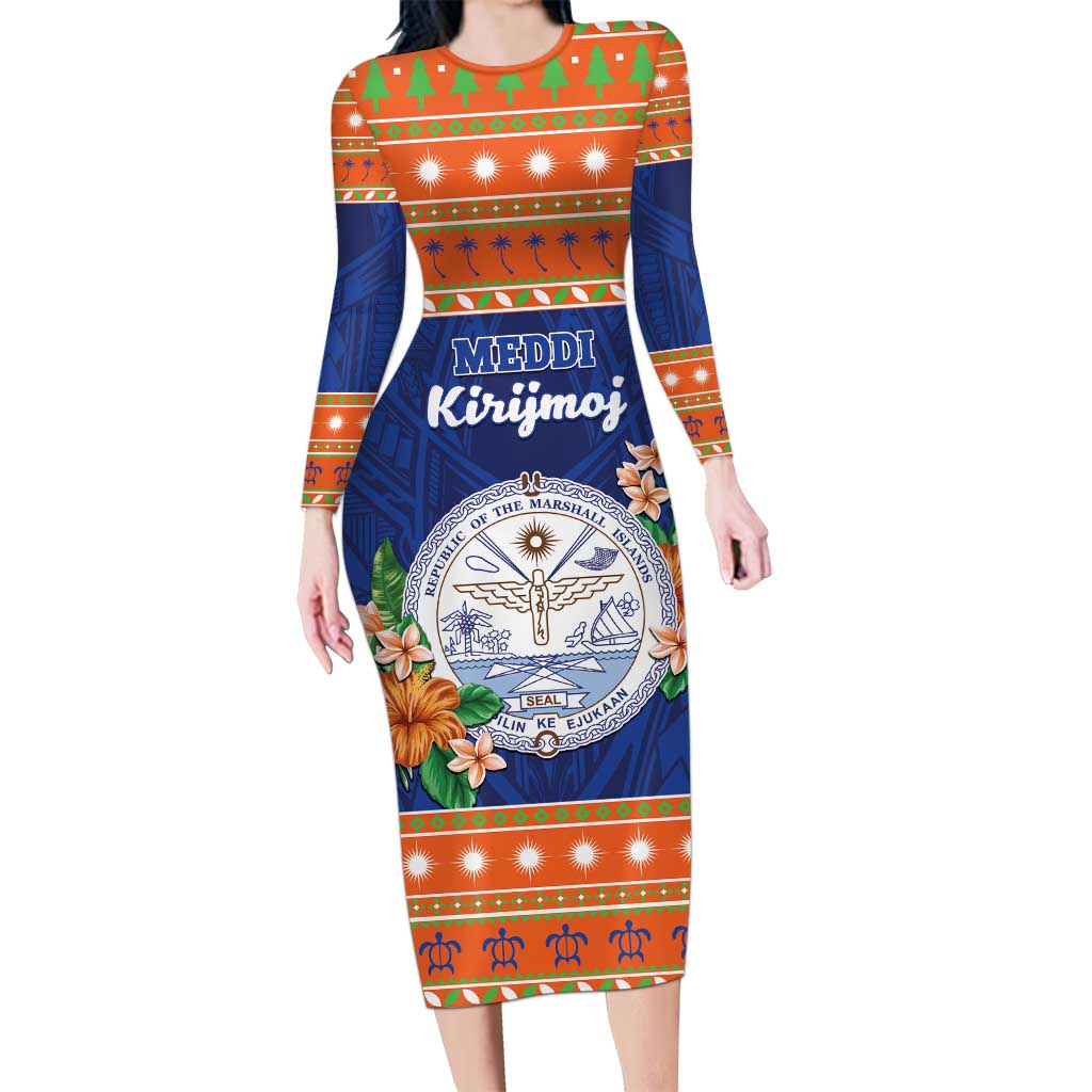 Marshall Islands Christmas Long Sleeve Bodycon Dress Marshallese Seal Meddi Kirijmoj LT05 Long Dress Orange - Polynesian Pride