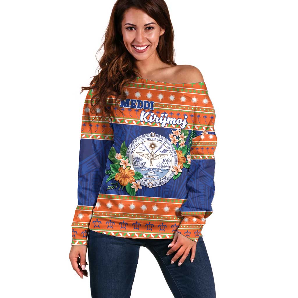 Marshall Islands Christmas Off Shoulder Sweater Marshallese Seal Meddi Kirijmoj LT05 Women Orange - Polynesian Pride