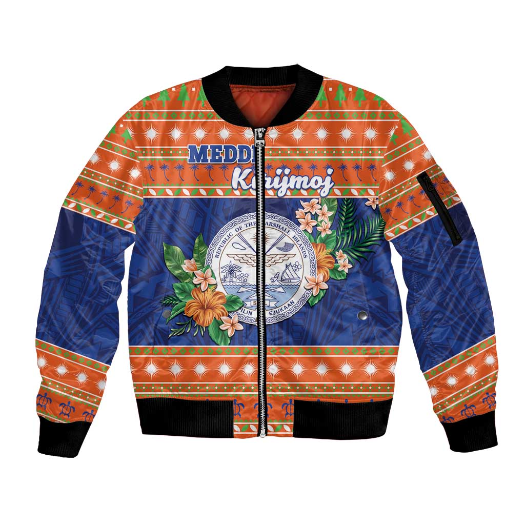 Marshall Islands Christmas Sleeve Zip Bomber Jacket Marshallese Seal Meddi Kirijmoj LT05 Unisex Orange - Polynesian Pride