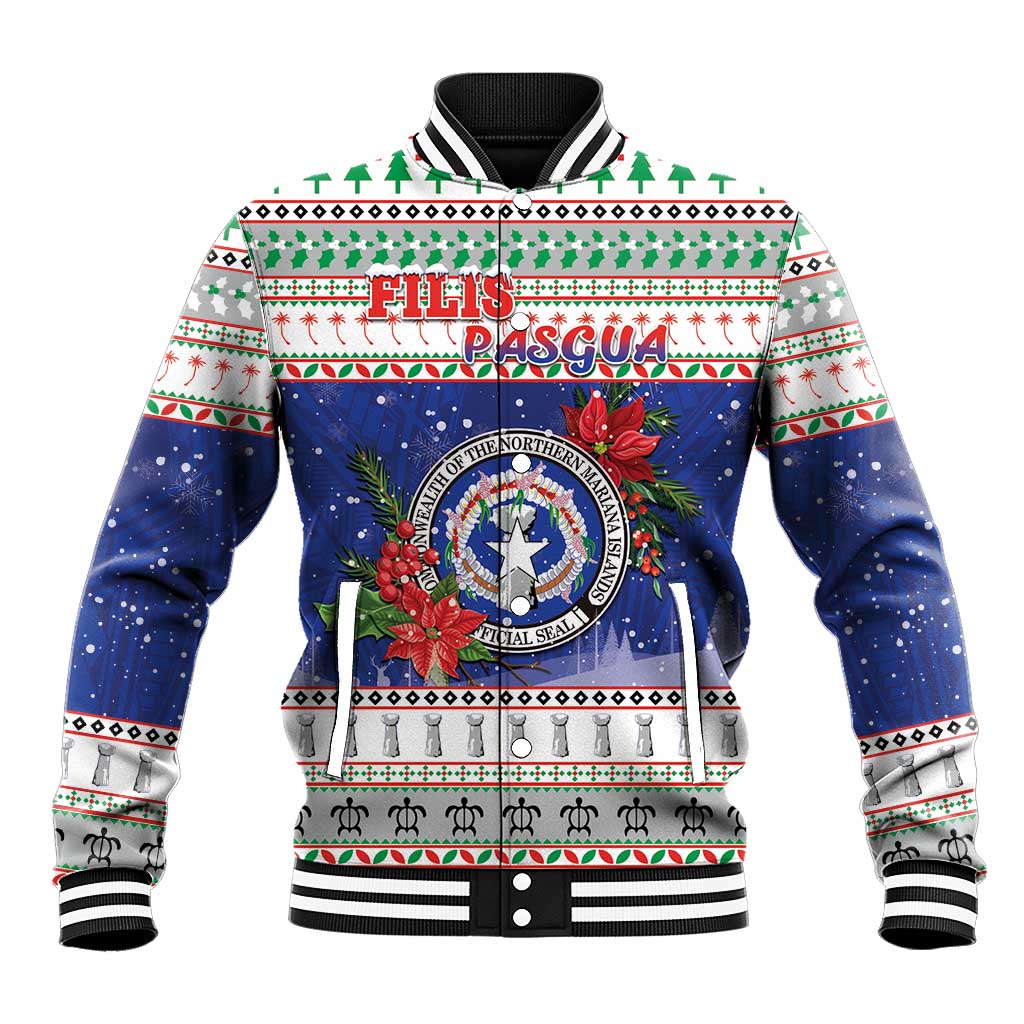 Northern Mariana Islands Christmas Baseball Jacket Poinsettia Filis Pasgua LT05 Unisex Blue - Polynesian Pride