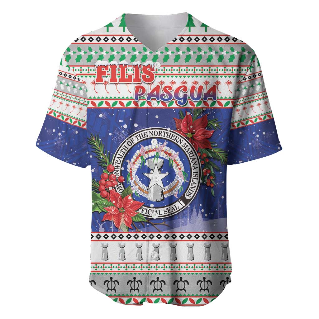 Northern Mariana Islands Christmas Baseball Jersey Poinsettia Filis Pasgua LT05 Blue - Polynesian Pride