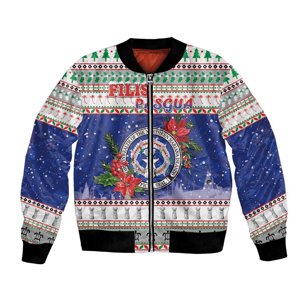 Northern Mariana Islands Christmas Bomber Jacket Poinsettia Filis Pasgua LT05 Unisex Blue - Polynesian Pride