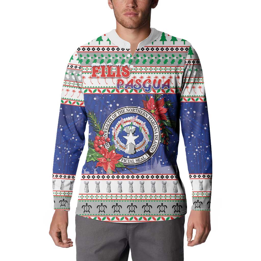 Northern Mariana Islands Christmas Button Sweatshirt Poinsettia Filis Pasgua