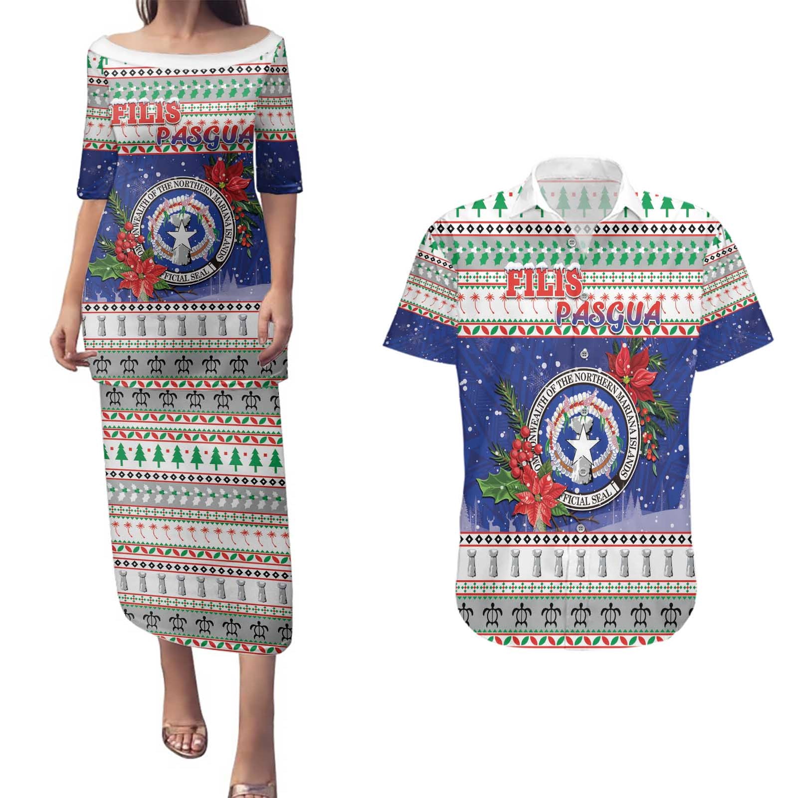 Northern Mariana Islands Christmas Couples Matching Puletasi and Hawaiian Shirt Poinsettia Filis Pasgua LT05 Blue - Polynesian Pride