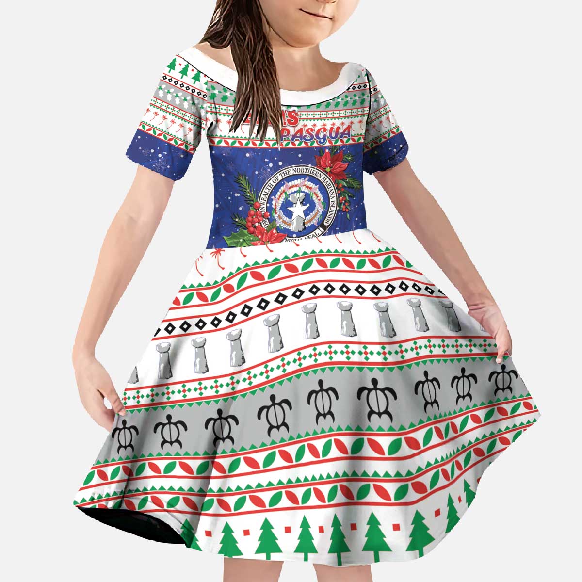 Northern Mariana Islands Christmas Family Matching Off The Shoulder Long Sleeve Dress and Hawaiian Shirt Poinsettia Filis Pasgua LT05 Daughter's Dress Blue - Polynesian Pride