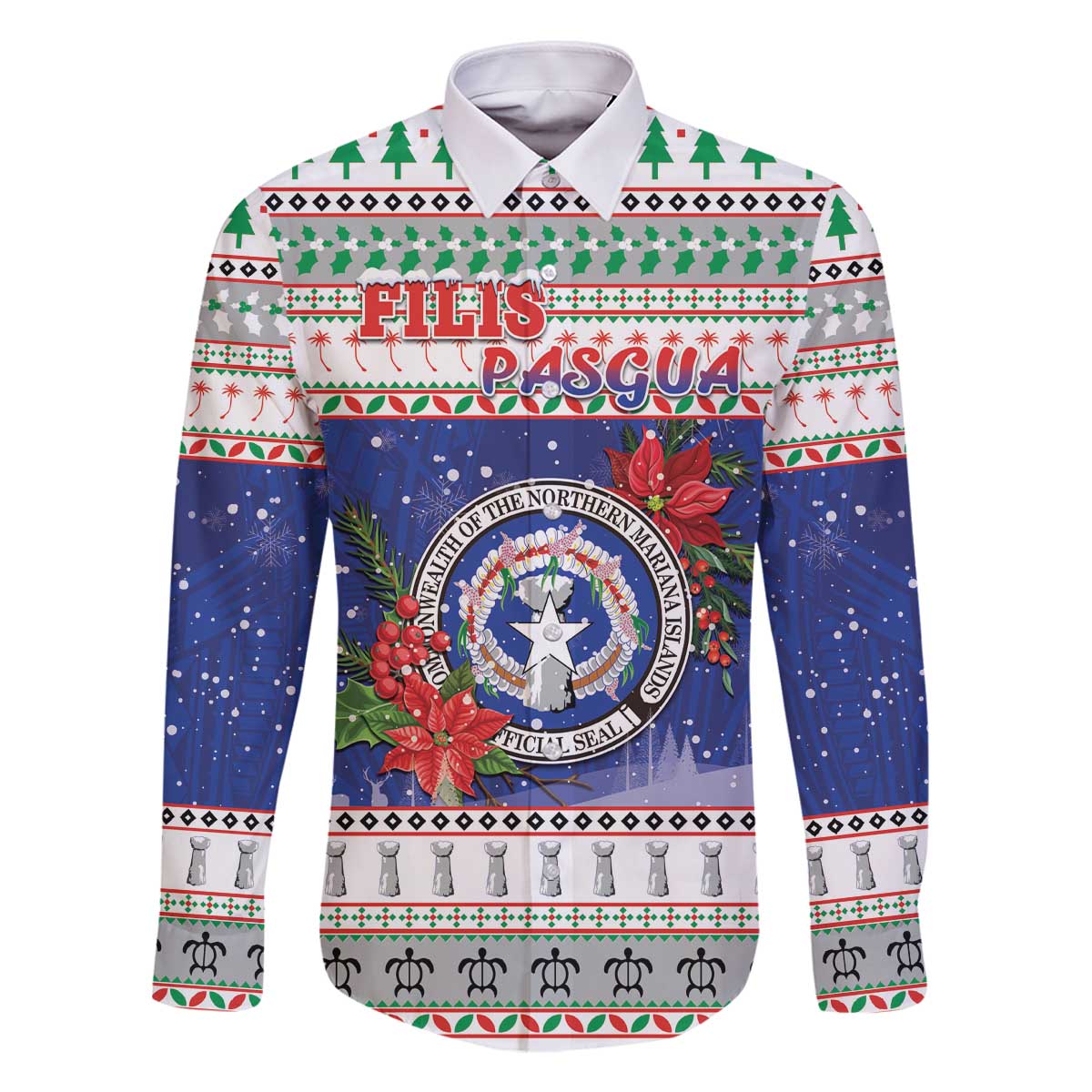 Northern Mariana Islands Christmas Family Matching Off The Shoulder Long Sleeve Dress and Hawaiian Shirt Poinsettia Filis Pasgua LT05 Dad's Shirt - Long Sleeve Blue - Polynesian Pride
