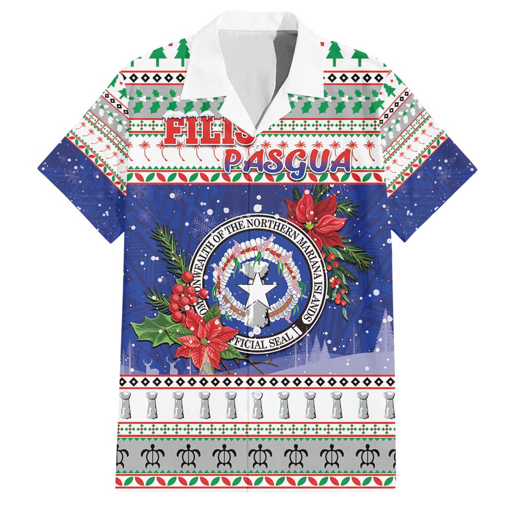 Northern Mariana Islands Christmas Family Matching Short Sleeve Bodycon Dress and Hawaiian Shirt Poinsettia Filis Pasgua LT05 Dad's Shirt - Short Sleeve Blue - Polynesian Pride