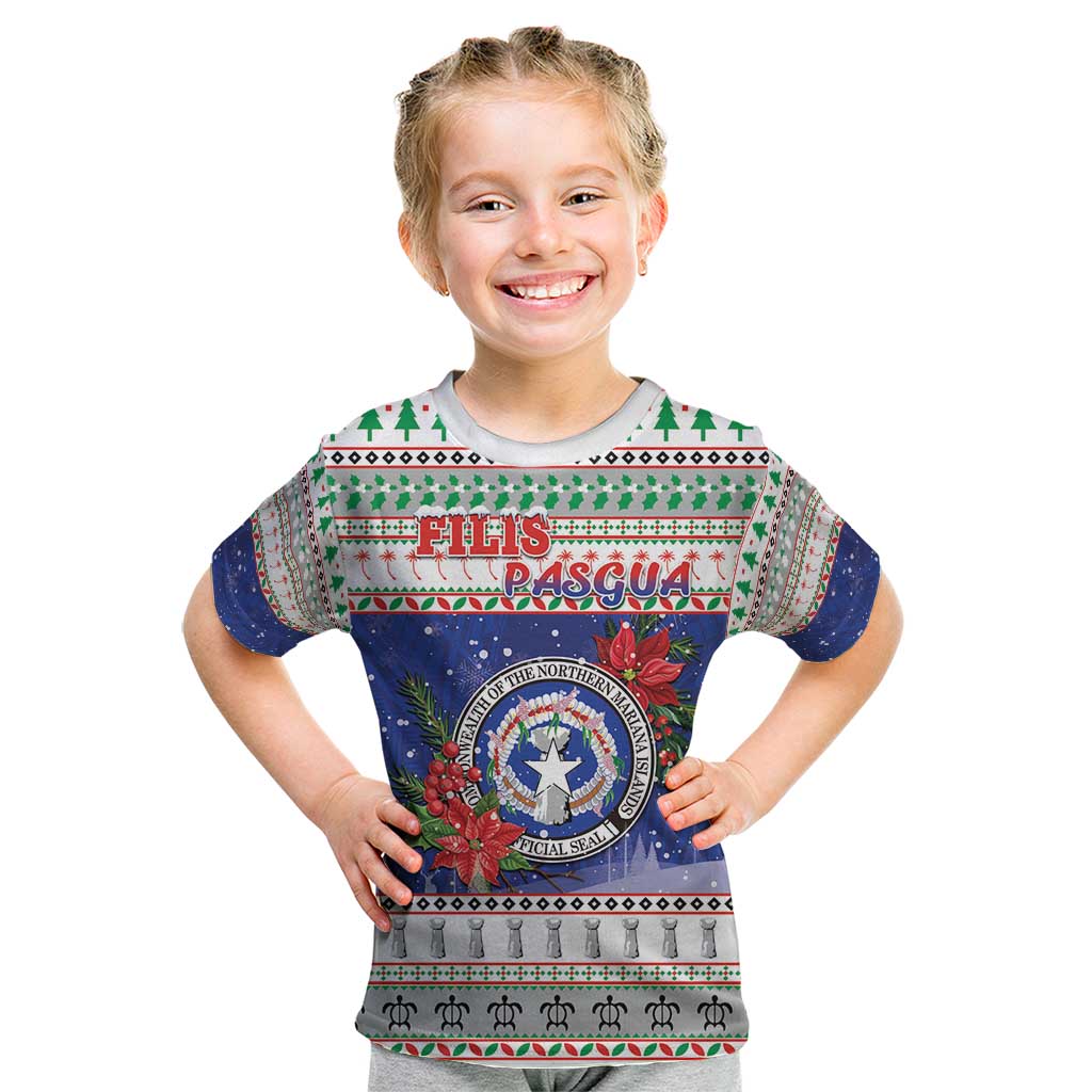 Northern Mariana Islands Christmas Kid T Shirt Poinsettia Filis Pasgua LT05 Blue - Polynesian Pride
