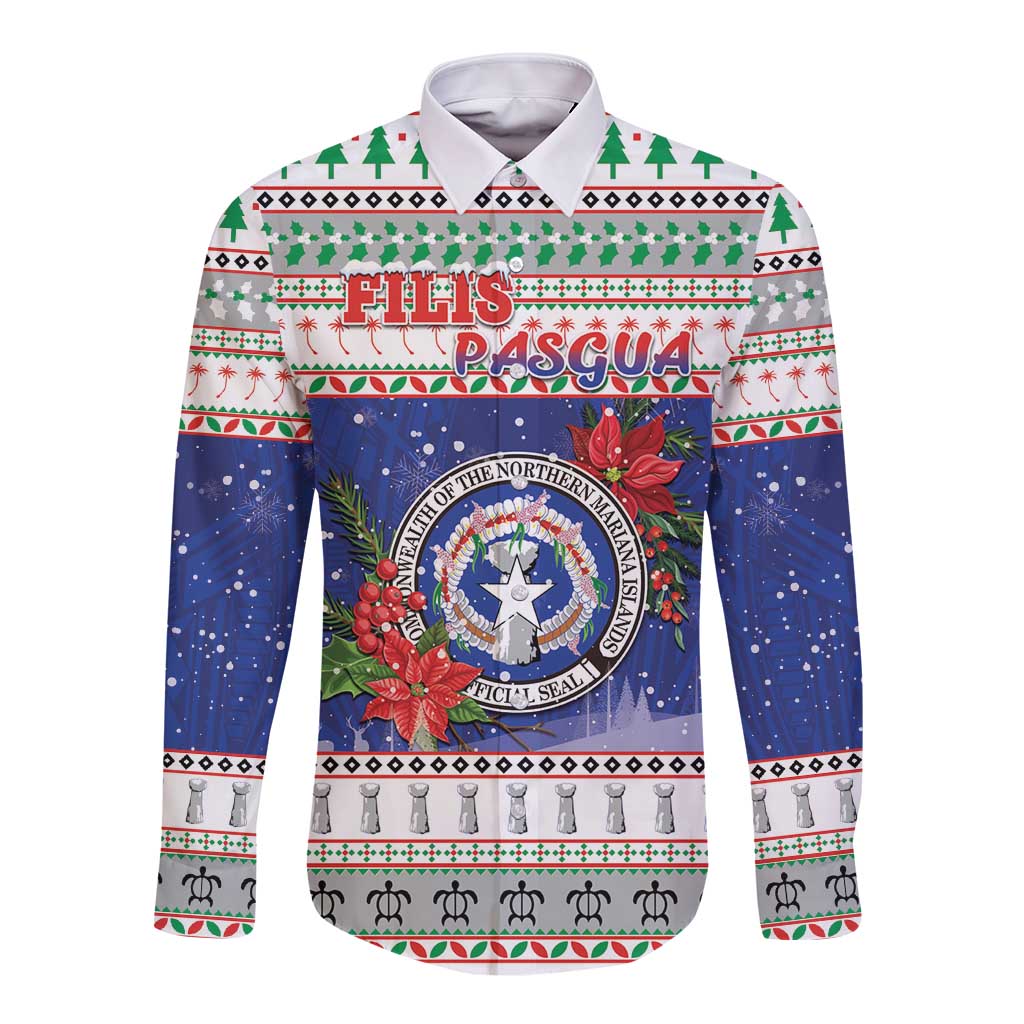 Northern Mariana Islands Christmas Long Sleeve Button Shirt Poinsettia Filis Pasgua LT05 Unisex Blue - Polynesian Pride