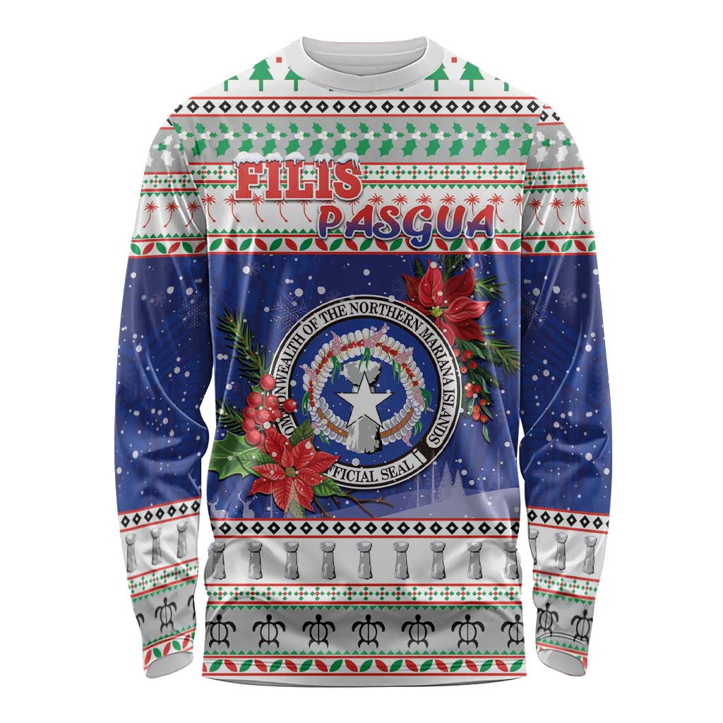 Northern Mariana Islands Christmas Long Sleeve Shirt Poinsettia Filis Pasgua LT05 Unisex Blue - Polynesian Pride