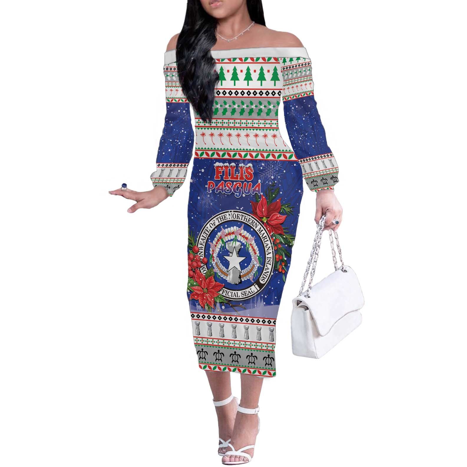 Northern Mariana Islands Christmas Off The Shoulder Long Sleeve Dress Poinsettia Filis Pasgua LT05 Women Blue - Polynesian Pride