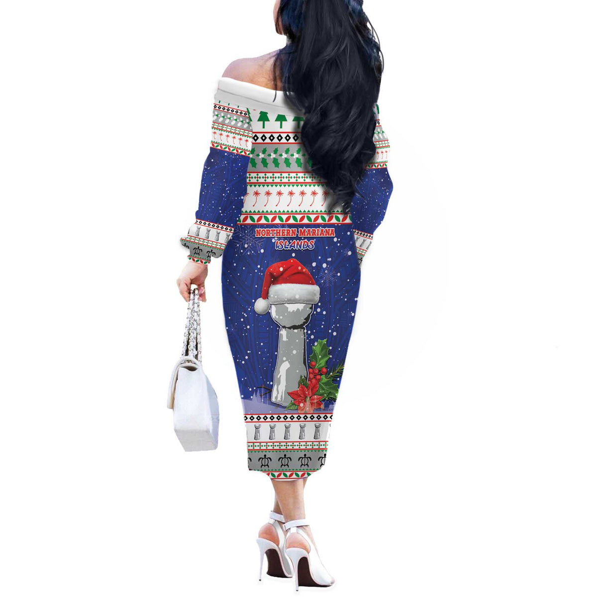 Northern Mariana Islands Christmas Off The Shoulder Long Sleeve Dress Poinsettia Filis Pasgua