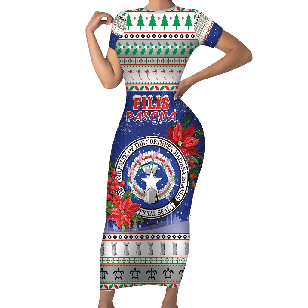 Northern Mariana Islands Christmas Short Sleeve Bodycon Dress Poinsettia Filis Pasgua LT05 Long Dress Blue - Polynesian Pride