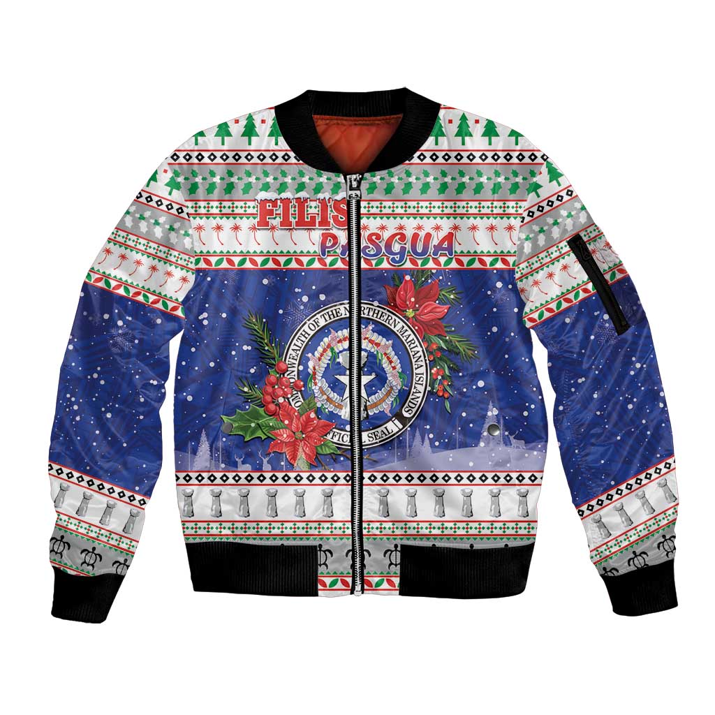 Northern Mariana Islands Christmas Sleeve Zip Bomber Jacket Poinsettia Filis Pasgua LT05 Unisex Blue - Polynesian Pride